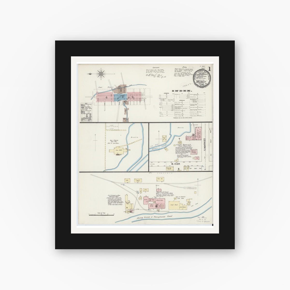 Old map wall art mockup — black gallery frame with white mat — Sanborn Fire Insurance Map from Muncy, Lycoming County, Pennsylvania (1890) - Complete Map Set