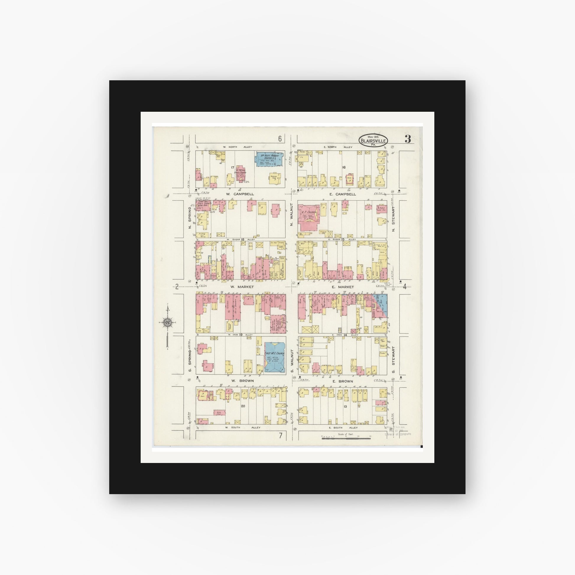 Old map wall art mockup — black gallery frame with white mat — Sanborn Fire Insurance Map from Blairsville, Indiana County, Pennsylvania (1915), Sheet #0003