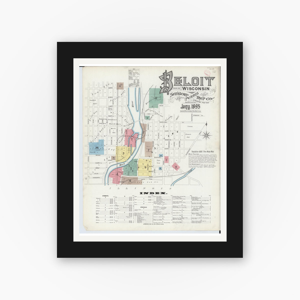 Old map wall art mockup — black gallery frame with white mat — Sanborn Fire Insurance Map from Beloit, Rock County, Wisconsin (1895), Sheet #0001