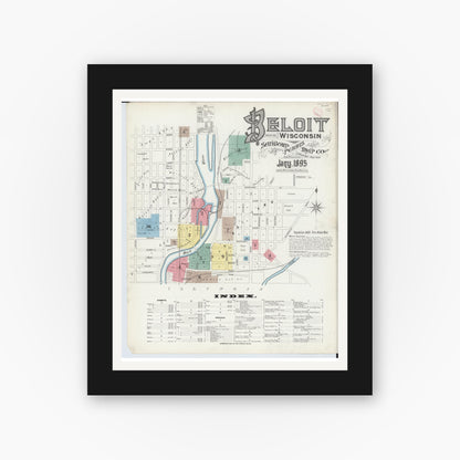 Old map wall art mockup — black gallery frame with white mat — Sanborn Fire Insurance Map from Beloit, Rock County, Wisconsin (1895), Sheet #0001