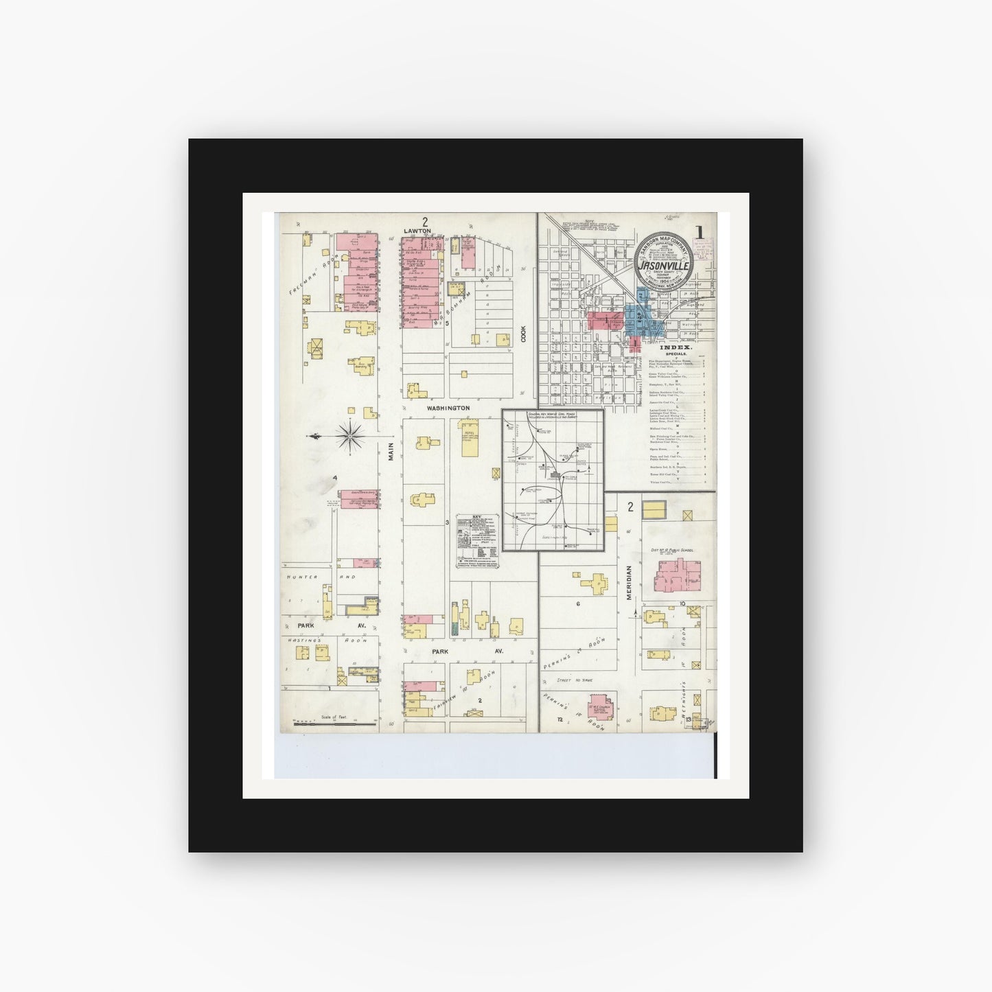 Old map wall art mockup — black gallery frame with white mat — Sanborn Fire Insurance Map from Jasonville, Greene County, Indiana (1904) - Complete Map Set