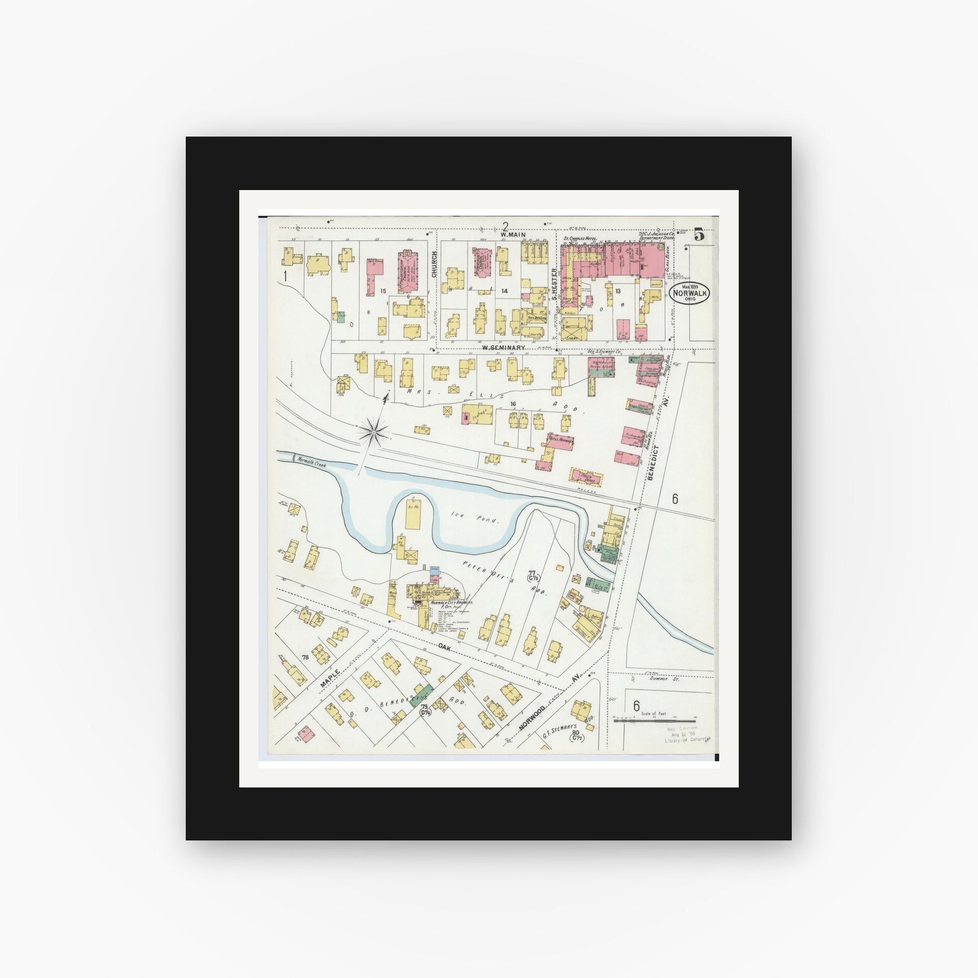 Old map wall art mockup — black gallery frame with white mat — Sanborn Fire Insurance Map from Norwalk, Huron County, Ohio (1899), Sheet #0005