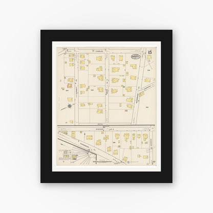 Old map wall art mockup — black gallery frame with white mat — Sanborn Fire Insurance Map from Monroe, Union County, North Carolina (1922), Sheet #0015