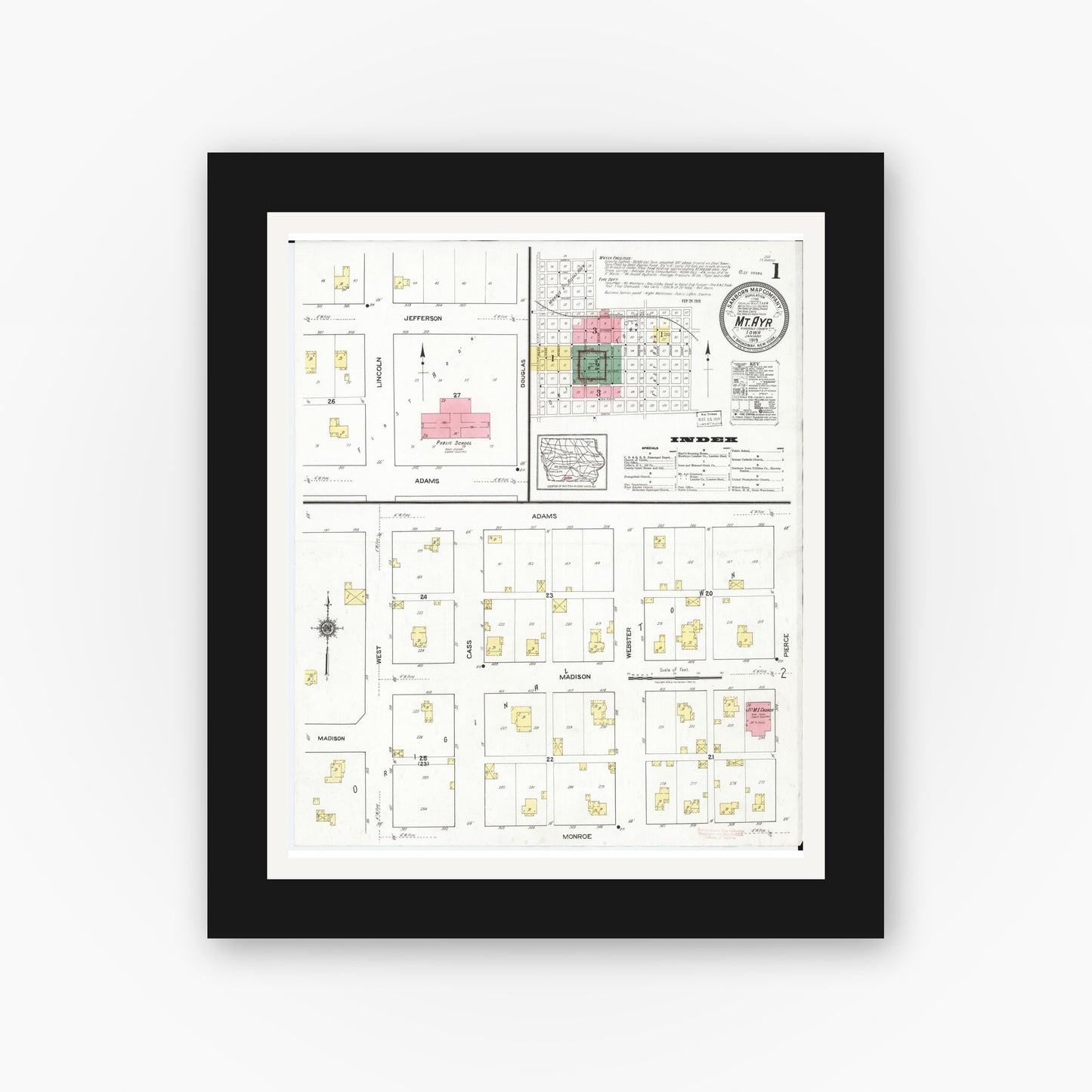 Old map wall art mockup — black gallery frame with white mat — Sanborn Fire Insurance Map from Mount Ayr, Ringgold County, Iowa (1919) â€” Complete Set