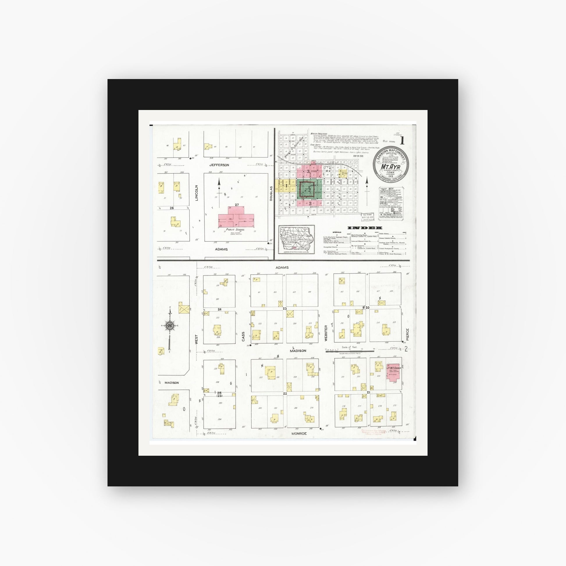Old map wall art mockup — black gallery frame with white mat — Sanborn Fire Insurance Map from Mount Ayr, Ringgold County, Iowa (1919) â€” Complete Set