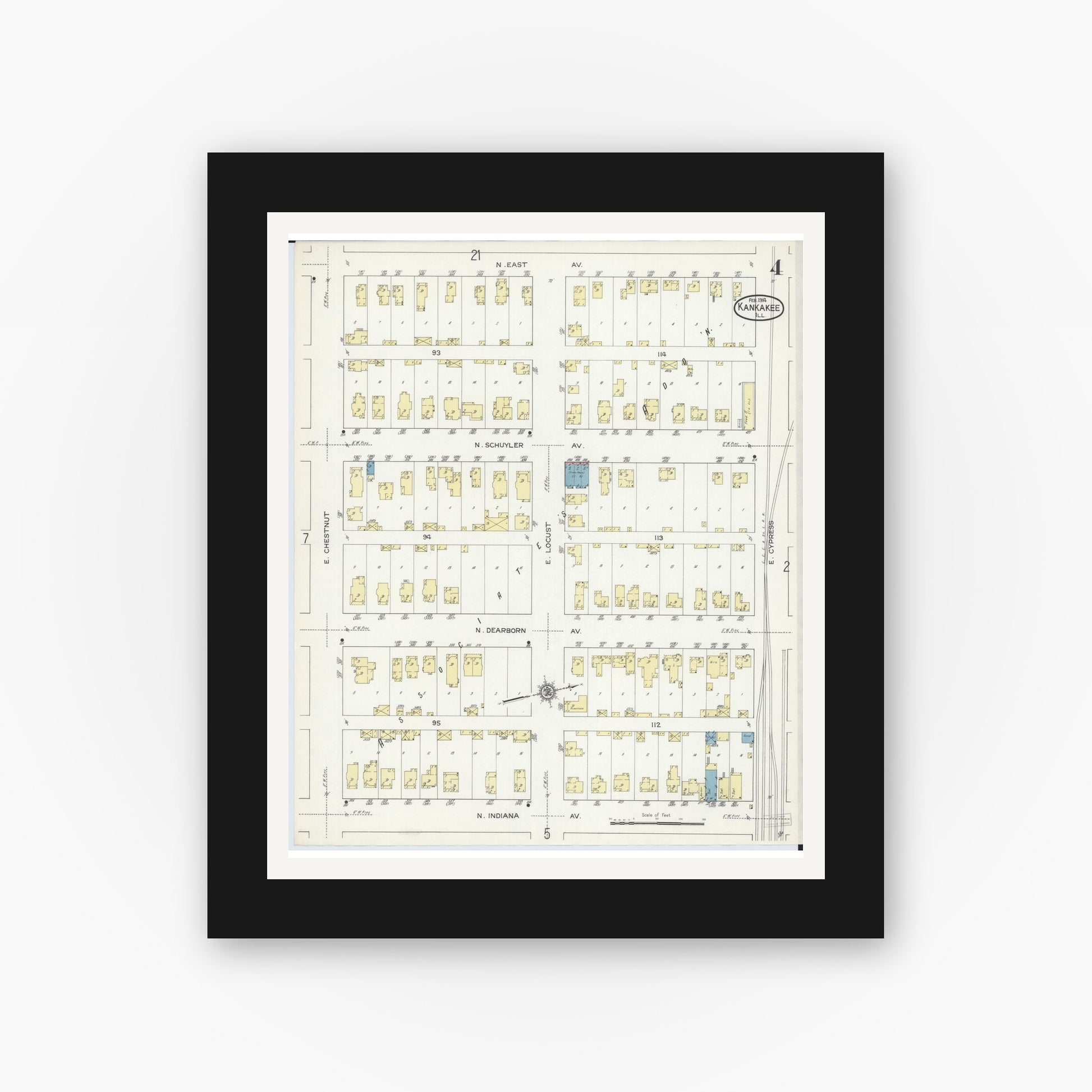 Old map wall art mockup — black gallery frame with white mat — Sanborn Fire Insurance Map from Kankakee, Kankakee County, Illinois (1914), Sheet #0004