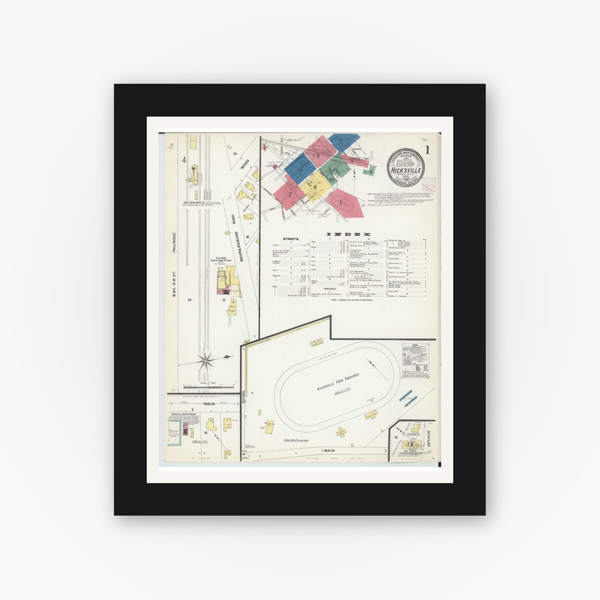 Old map wall art mockup — black gallery frame with white mat — Sanborn Fire Insurance Map from Hicksville, Defiance County, Ohio (1908), Sheet #0001