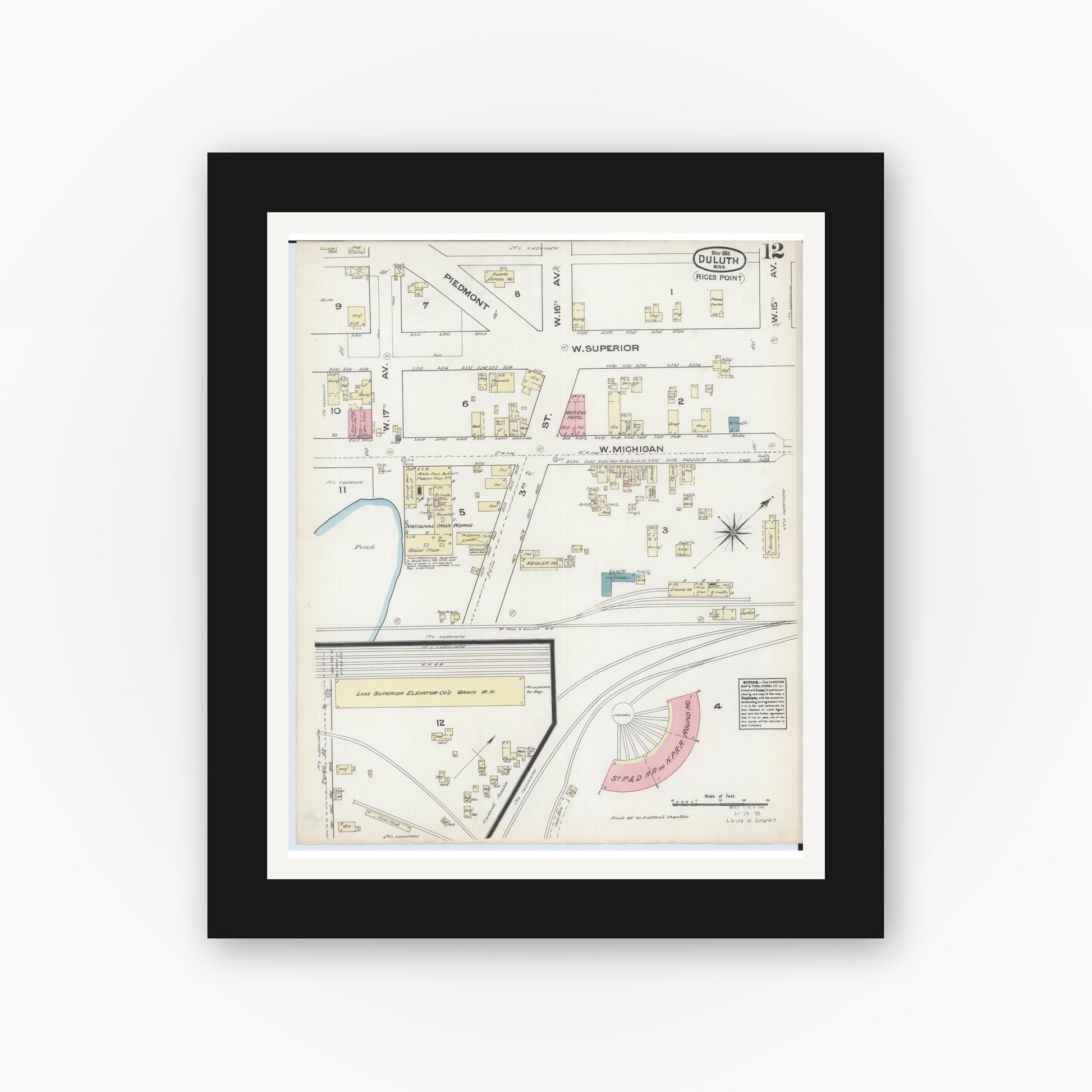 Old map wall art mockup — black gallery frame with white mat — Sanborn Fire Insurance Map from Duluth, Saint Louis County, Minnesota (1884), Sheet #0012