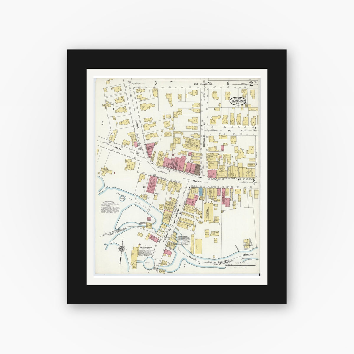 Old map wall art mockup — black gallery frame with white mat — Sanborn Fire Insurance Map from Riverhead, Suffolk County, New York (1920), Sheet #0002