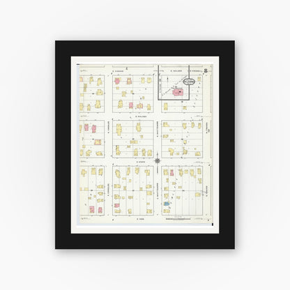 Old map wall art mockup — black gallery frame with white mat — Sanborn Fire Insurance Map from Saint Johns, Clinton County, Michigan (1918), Sheet #0008