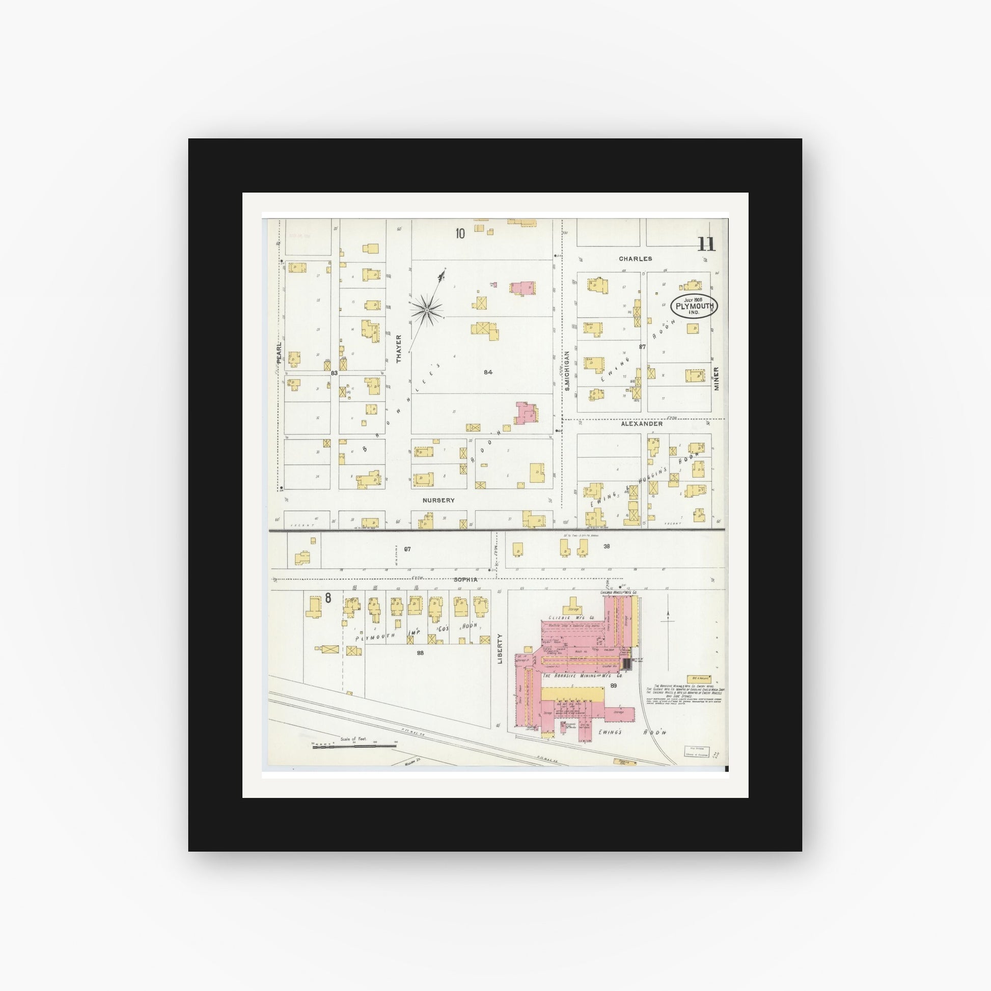 Old map wall art mockup — black gallery frame with white mat — Sanborn Fire Insurance Map from Plymouth, Marhshall County, Indiana (1905), Sheet #0011