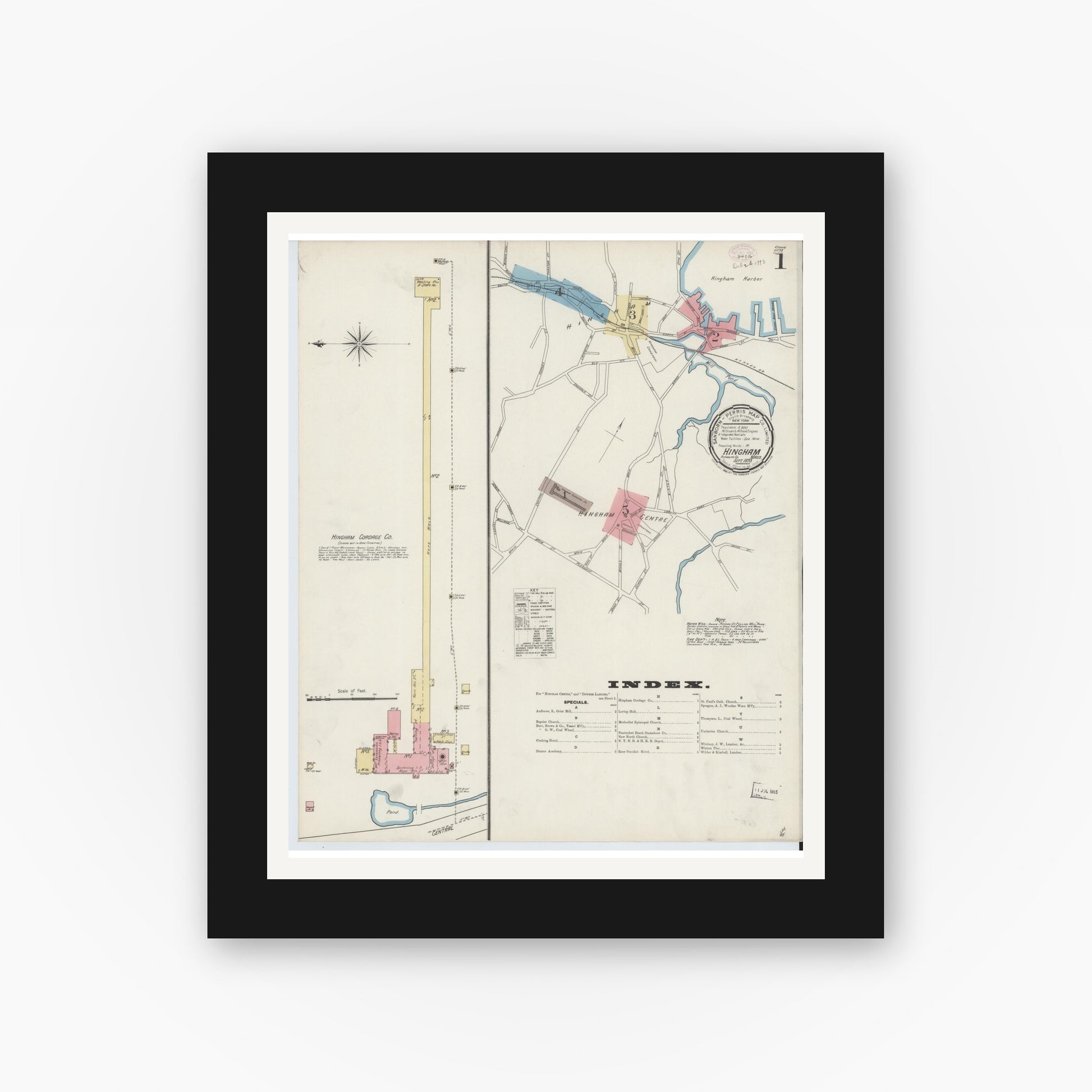 Old map wall art mockup — black gallery frame with white mat — Sanborn Fire Insurance Map from Hingham, Plymouth County, Massachusetts (1893) - Complete Map Set