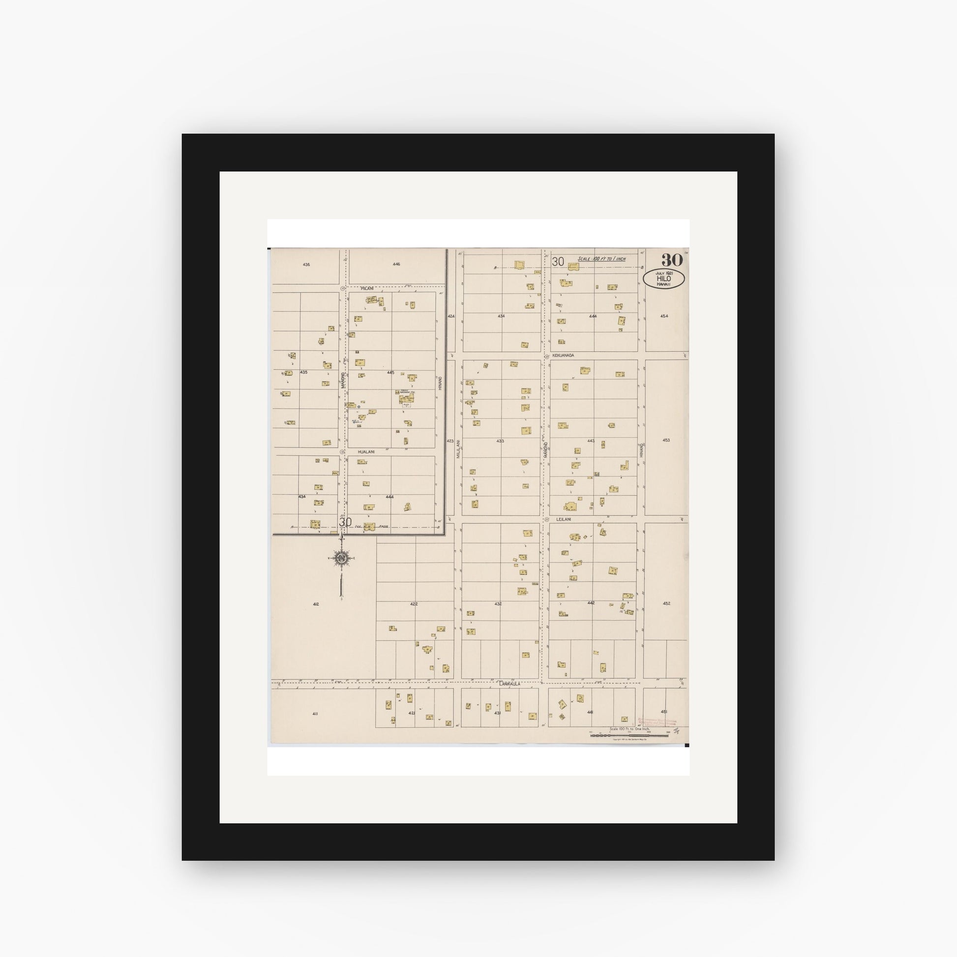Old map wall art mockup — black gallery frame with white mat — Sanborn Fire Insurance Map from Hilo, Hawaii County, Hawaii (1921), Sheet #0030