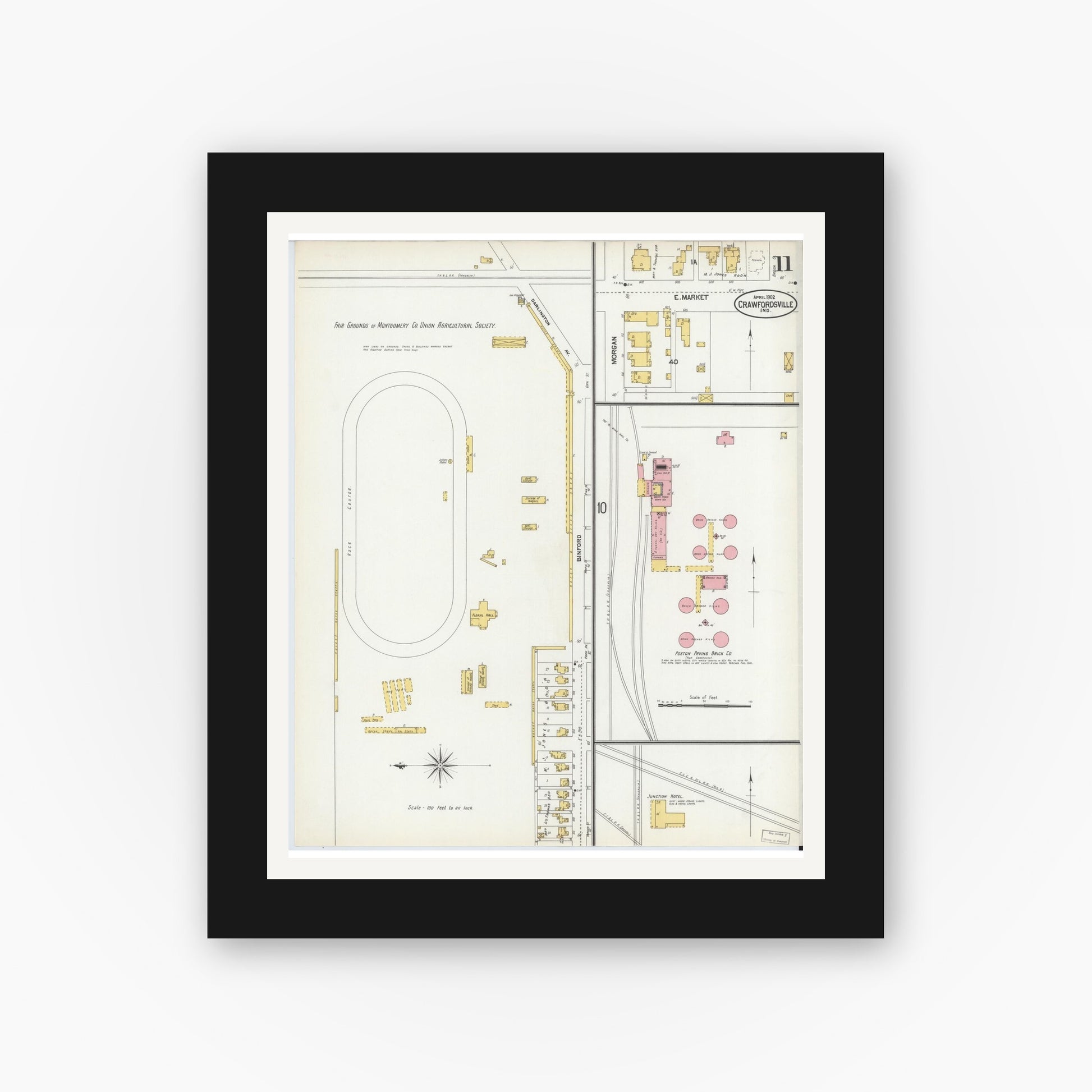 Old map wall art mockup — black gallery frame with white mat — Sanborn Fire Insurance Map from Crawfordsville, Montgomery County, Indiana (1902), Sheet #0011