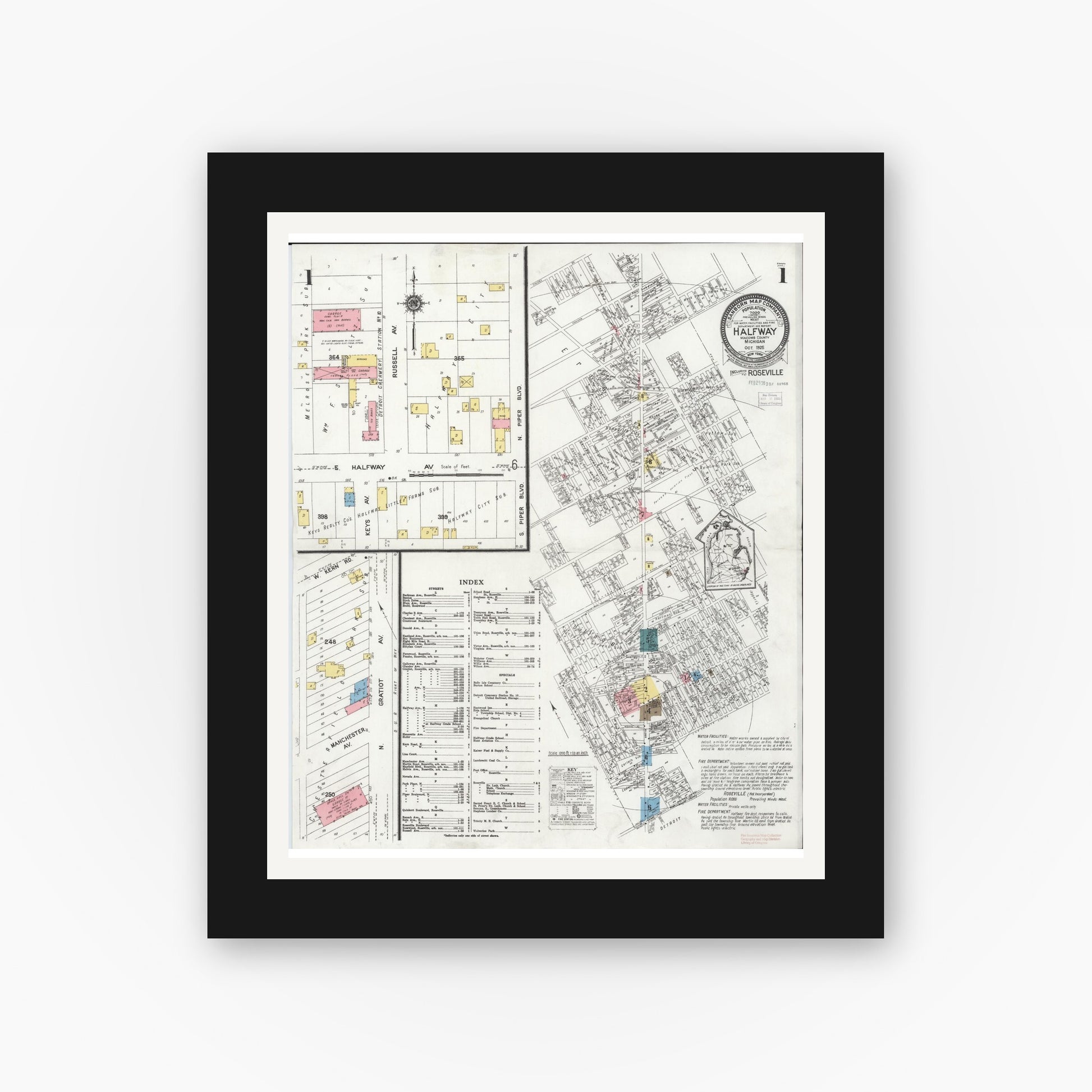 Old map wall art mockup — black gallery frame with white mat — Sanborn Fire Insurance Map from Halfway, Macomb County, Michigan (1925), Sheet #0001