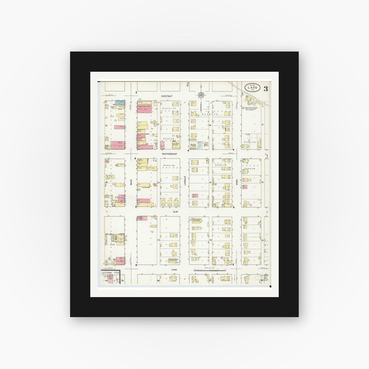 Old map wall art mockup — black gallery frame with white mat — Sanborn Fire Insurance Map from Ladd, Bureau County, Illinois (1911), Sheet #0003