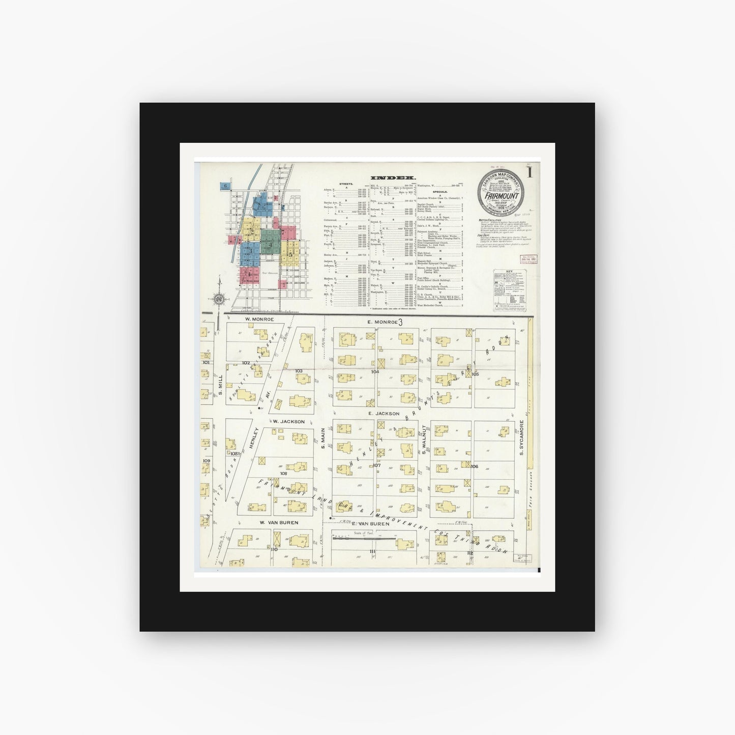 Old map wall art mockup — black gallery frame with white mat — Sanborn Fire Insurance Map from Fairmount, Grant County, Indiana (1909) - Complete Map Set