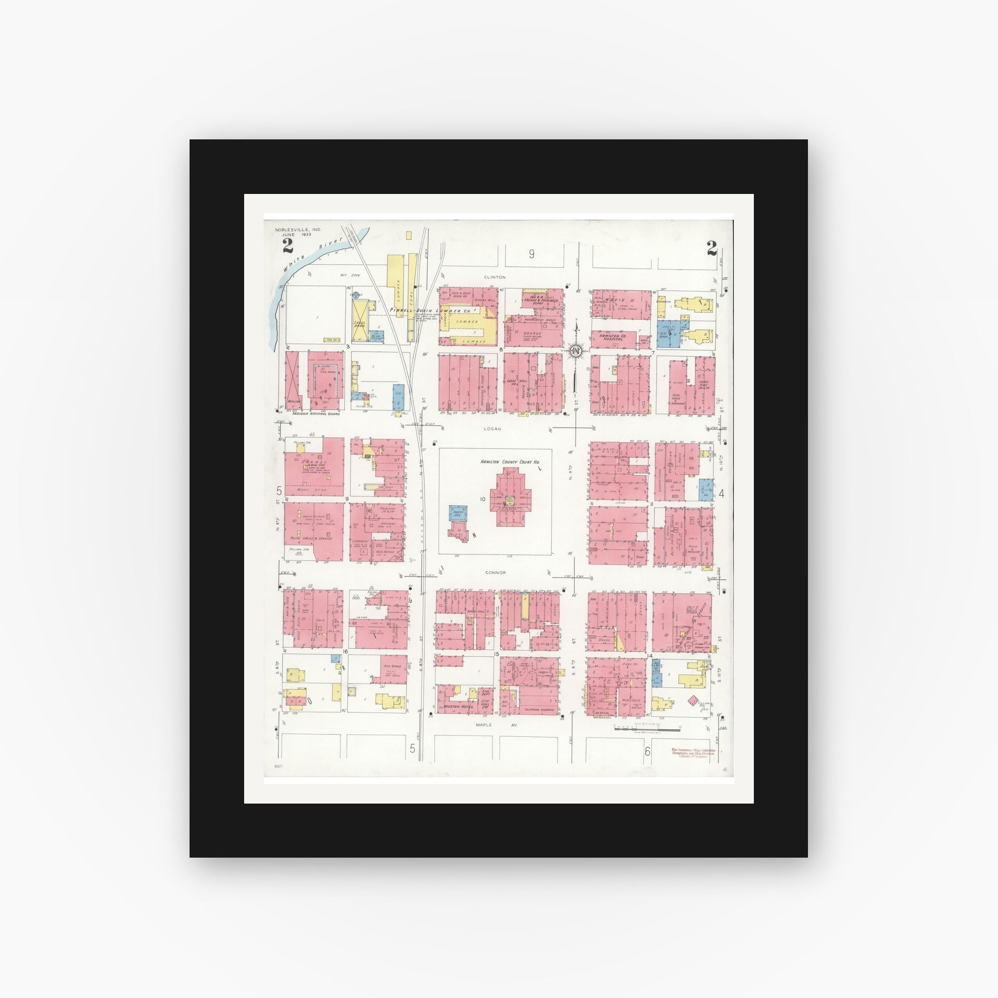 Old map wall art mockup — black gallery frame with white mat — Sanborn Fire Insurance Map from Noblesville, Hamilton County, Indiana (1933), Sheet #0002