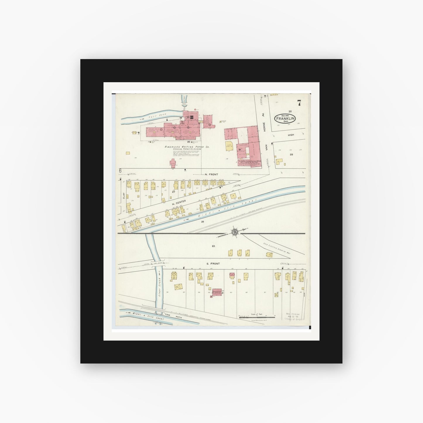 Old map wall art mockup — black gallery frame with white mat — Sanborn Fire Insurance Map from Franklin, Warren County, Ohio (1916), Sheet #0007
