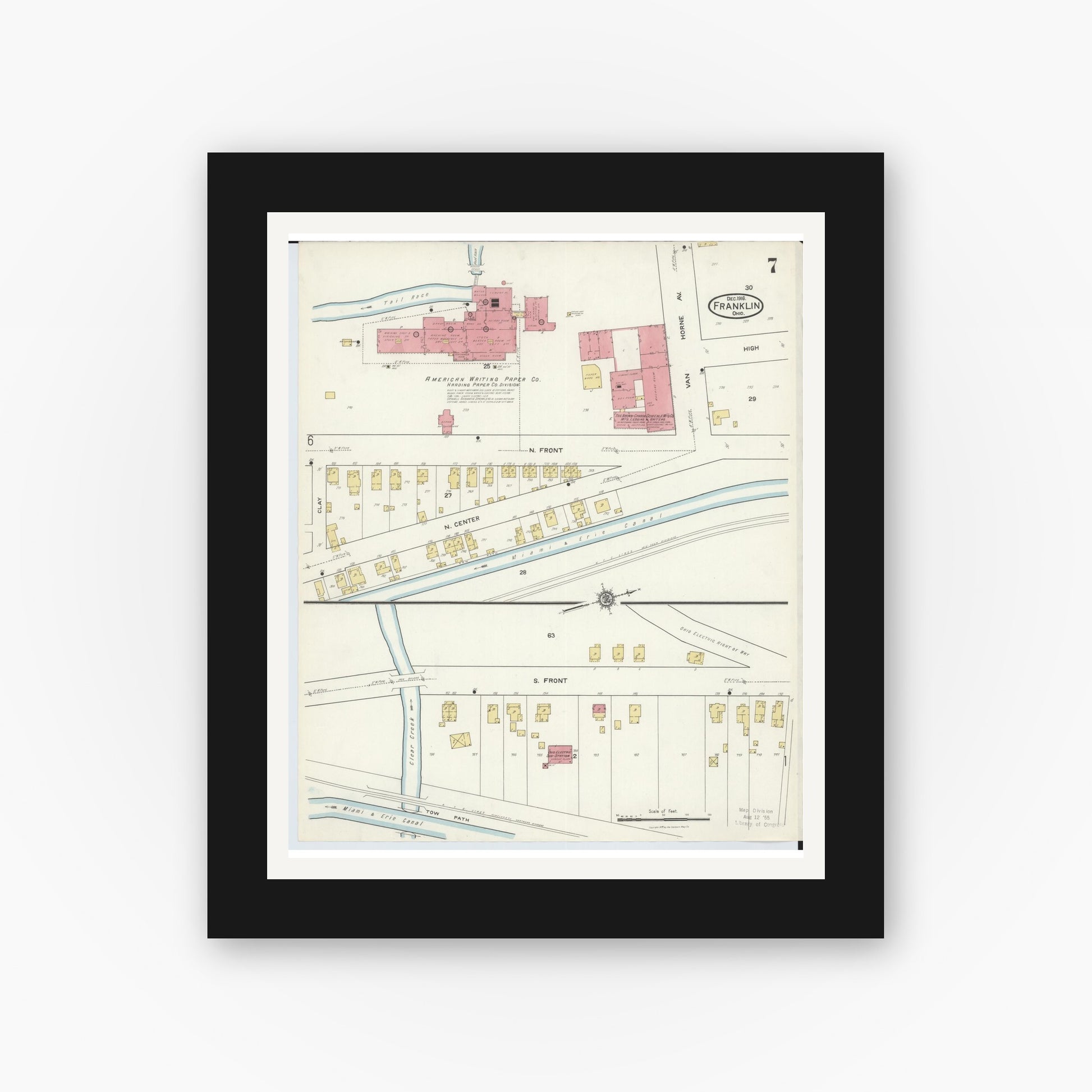 Old map wall art mockup — black gallery frame with white mat — Sanborn Fire Insurance Map from Franklin, Warren County, Ohio (1916), Sheet #0007