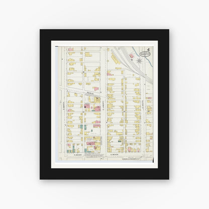 Old map wall art mockup — black gallery frame with white mat — Sanborn Fire Insurance Map from Wooster, Wayne County, Ohio (1892), Sheet #0004