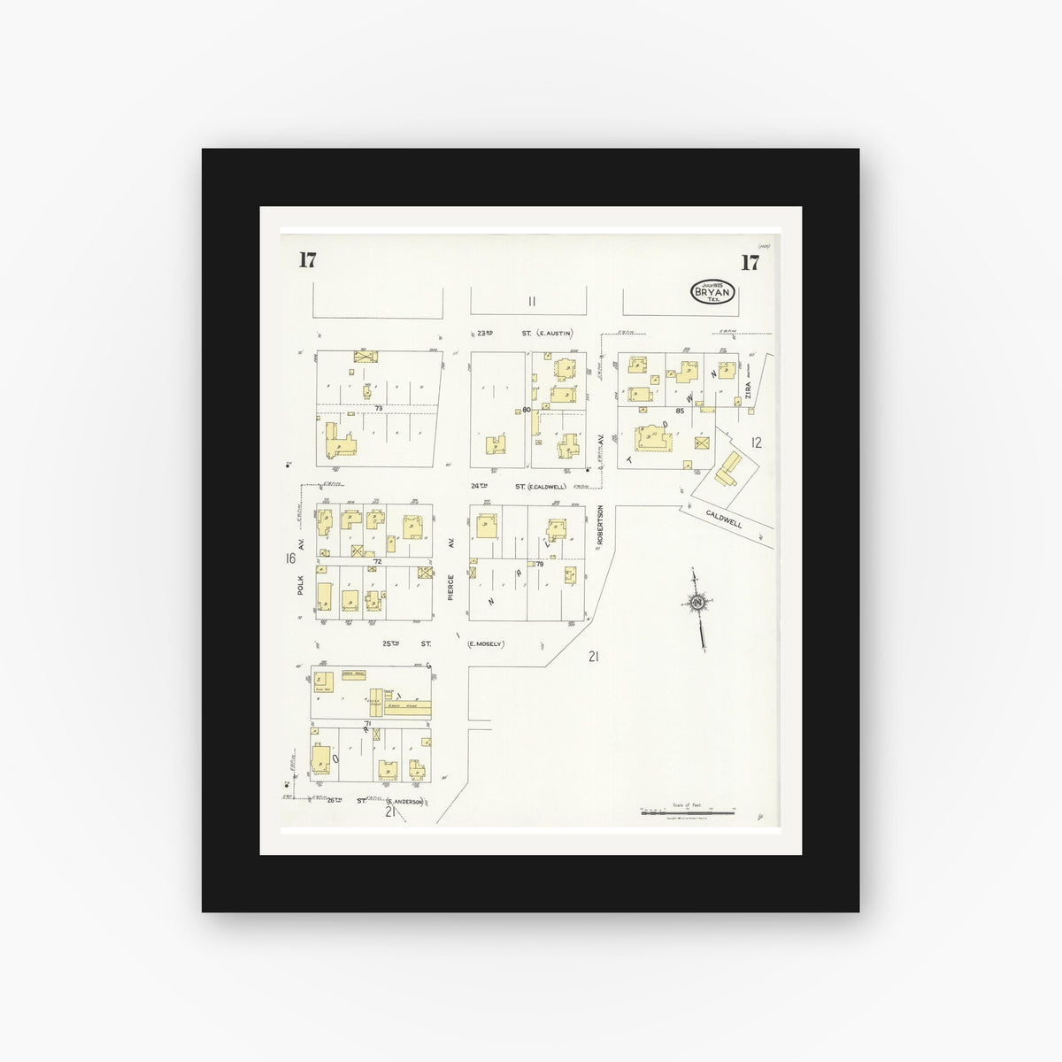 Old map wall art mockup — black gallery frame with white mat — Sanborn Fire Insurance Map from Bryan, Brazos County, Texas (1925), Sheet #0017