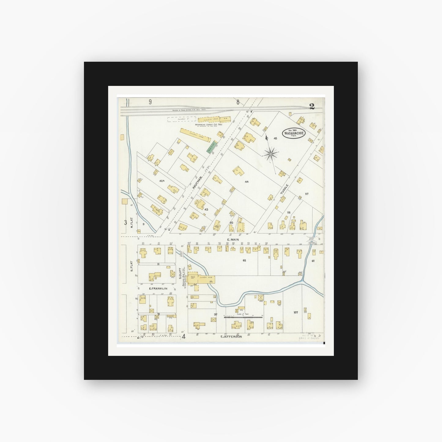 Old map wall art mockup — black gallery frame with white mat — Sanborn Fire Insurance Map from Waxahachie, Ellis County, Texas (1904), Sheet #0002
