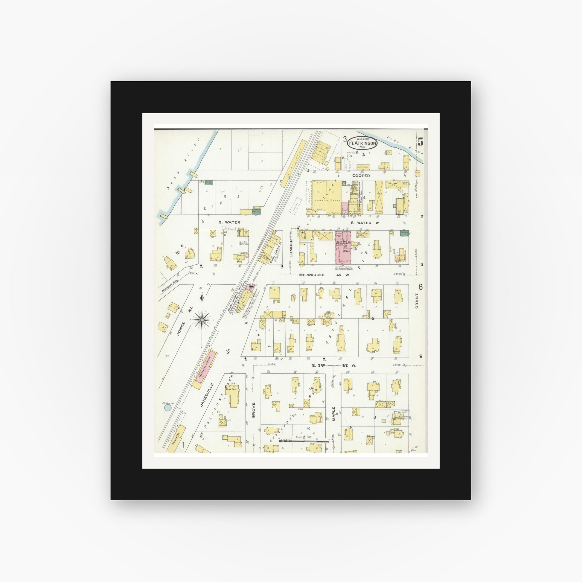 Old map wall art mockup — black gallery frame with white mat — Sanborn Fire Insurance Map from Fort Atkinson, Jefferson County, Wisconsin (1909), Sheet #0005