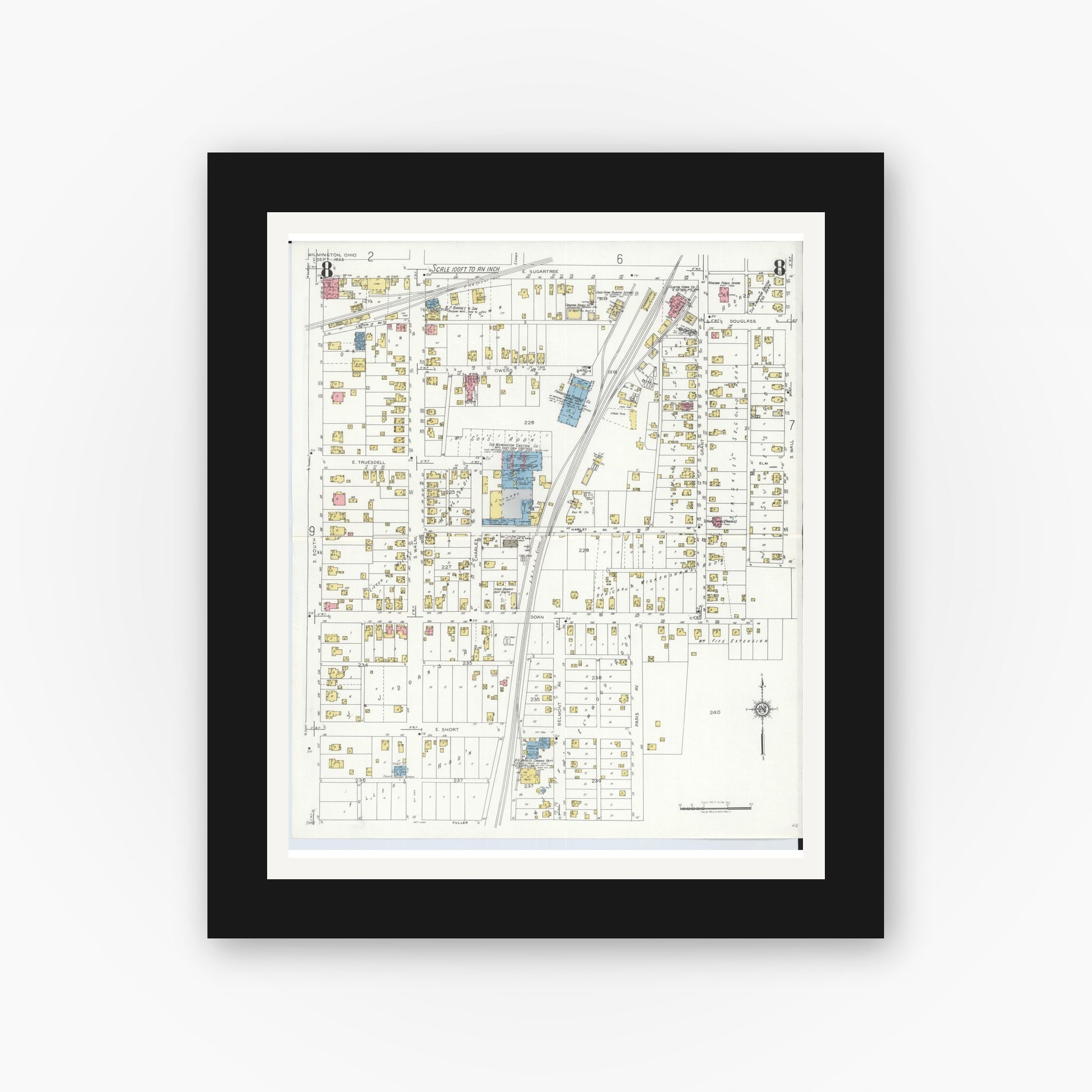 Old map wall art mockup — black gallery frame with white mat — Sanborn Fire Insurance Map from Wilmington, Clinton County, Ohio (1933), Sheet #0008