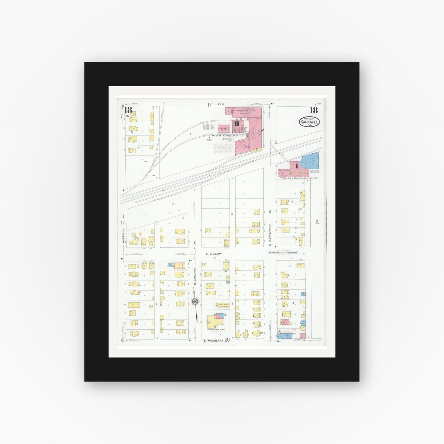 Old map wall art mockup — black gallery frame with white mat — Sanborn Fire Insurance Map from Kankakee, Kankakee County, Illinois (1930), Sheet #0018