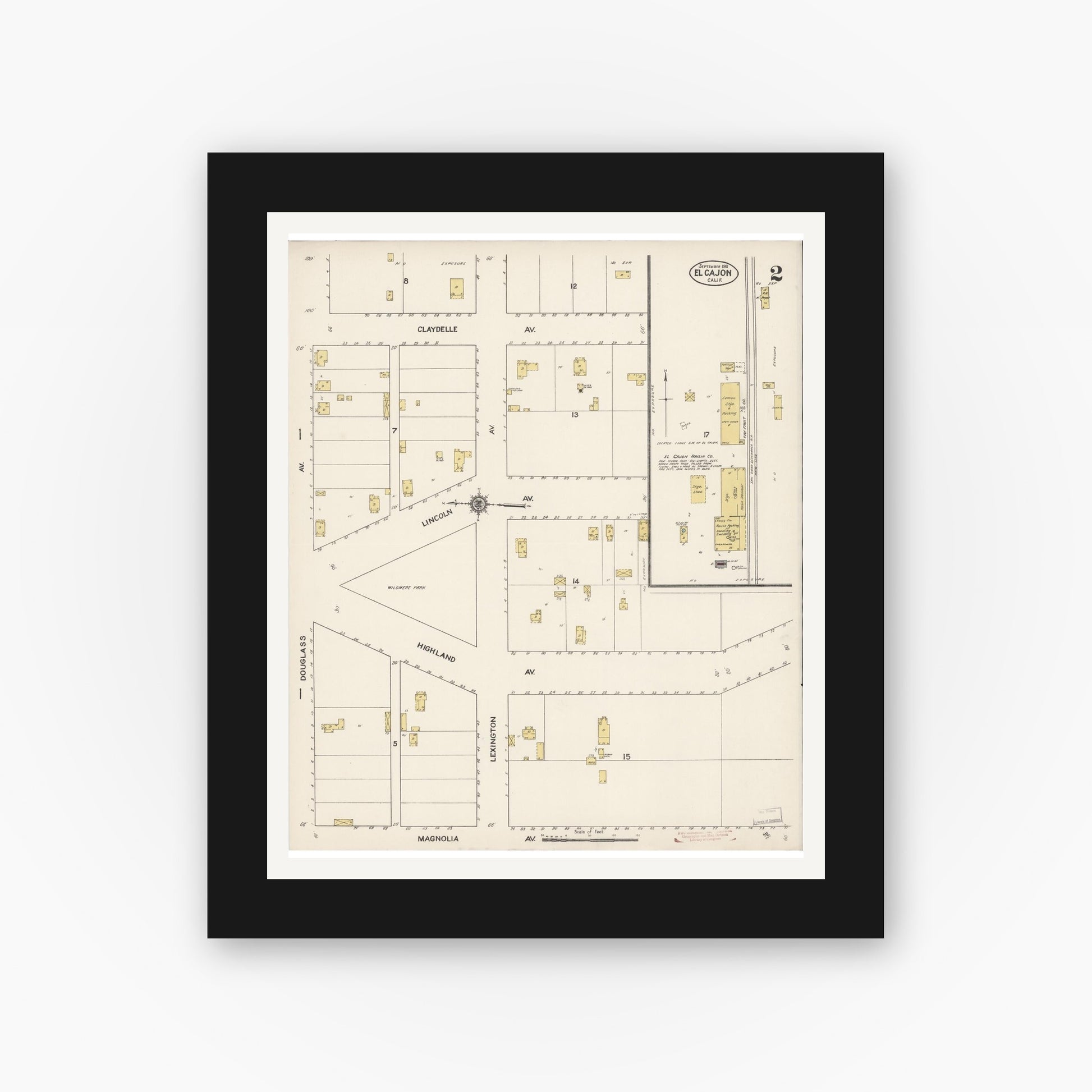 Old map wall art mockup — black gallery frame with white mat — Sanborn Fire Insurance Map from El Cajon, San Diego County, California (1911), Sheet #0002