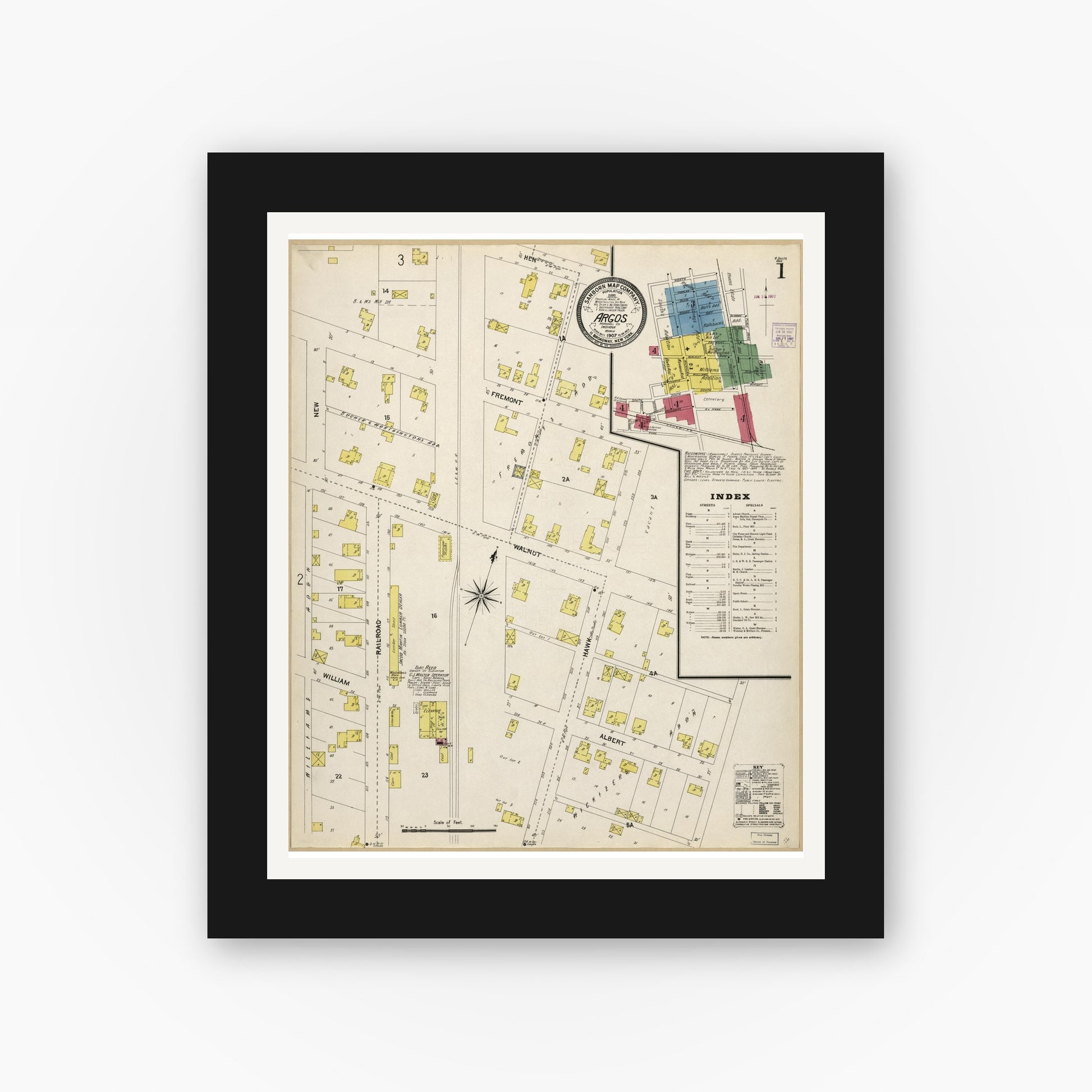 Old map wall art mockup — black gallery frame with white mat — Sanborn Fire Insurance Map from Argos, Marshall County, Indiana (1907), Sheet #0001