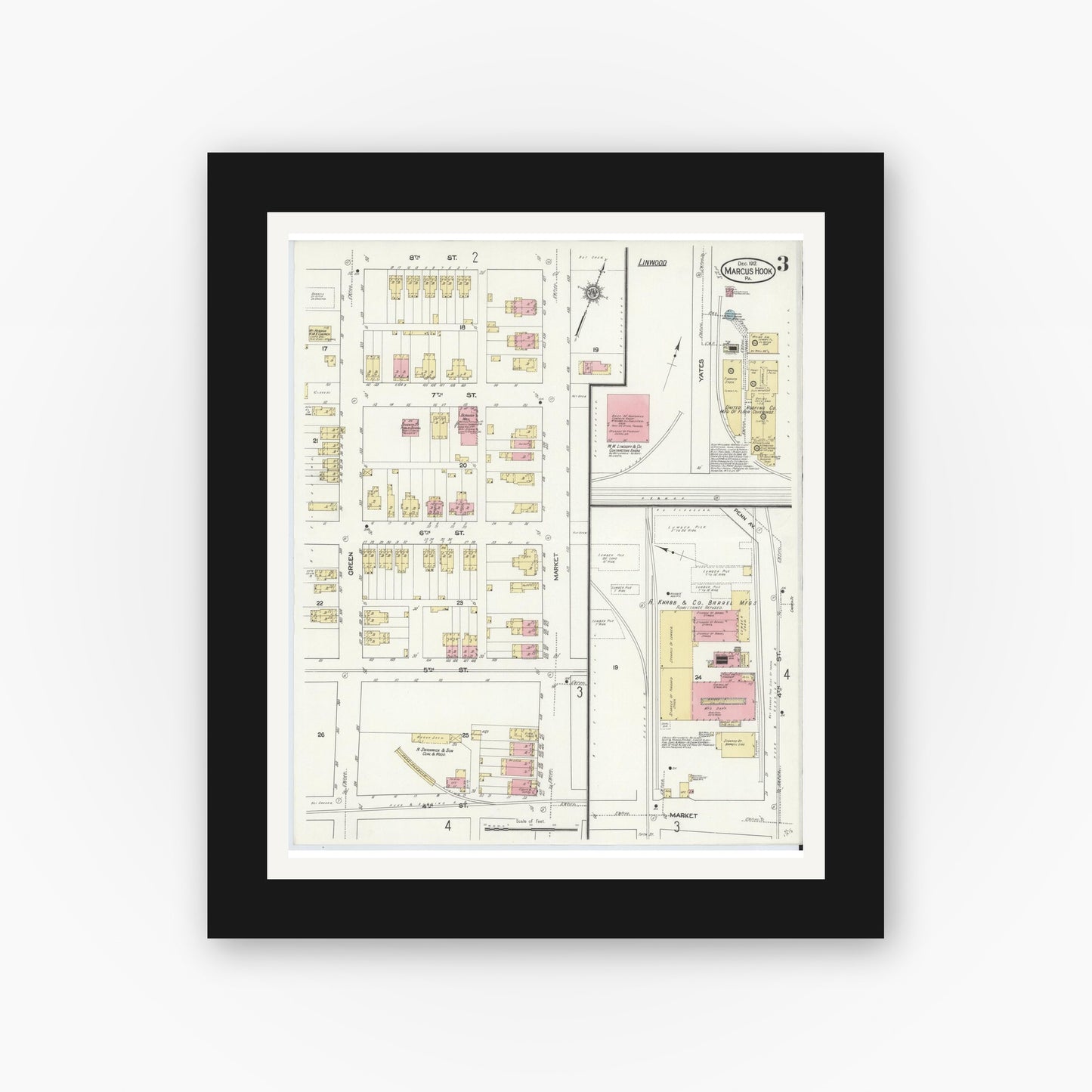 Old map wall art mockup — black gallery frame with white mat — Sanborn Fire Insurance Map from Marcus Hook, Chester County, Pennsylvania (1912), Sheet #0003