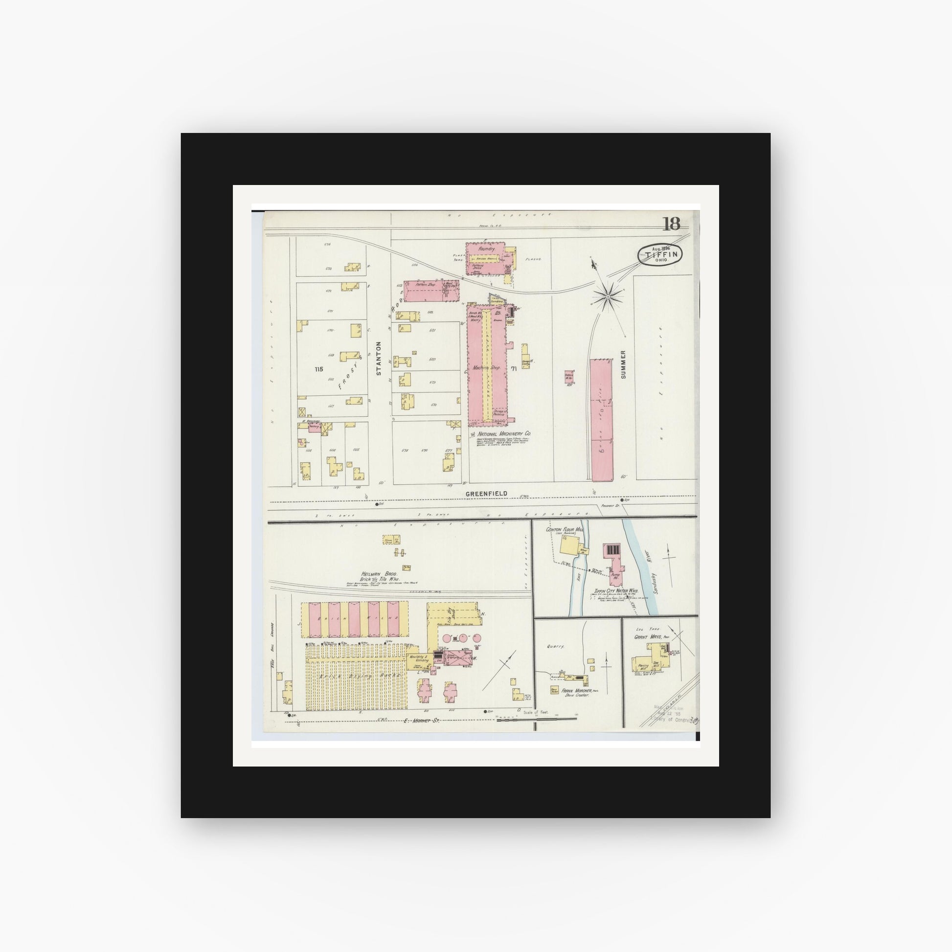Old map wall art mockup — black gallery frame with white mat — Sanborn Fire Insurance Map from Tiffin, Seneca County, Ohio (1896), Sheet #0018