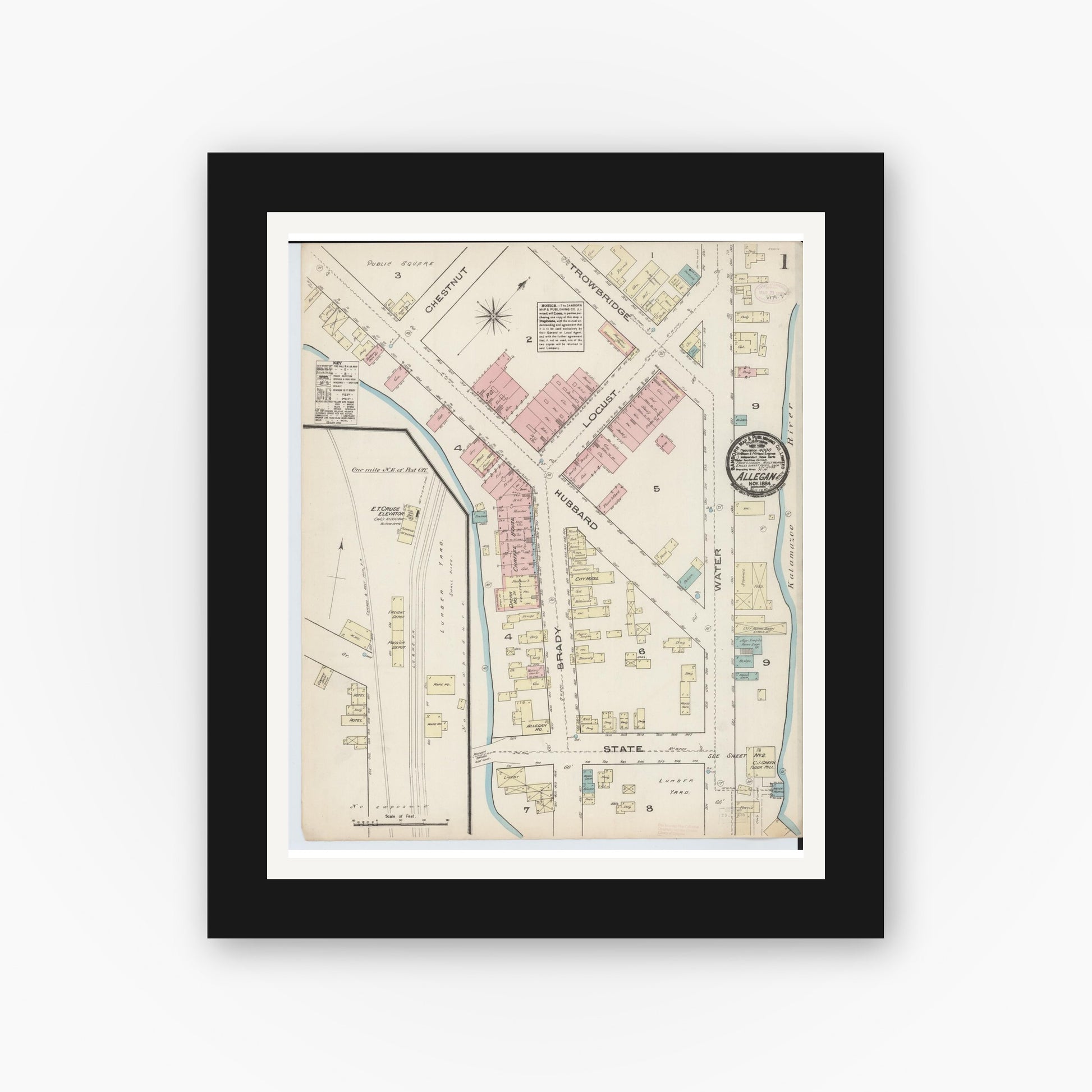 Old map wall art mockup — black gallery frame with white mat — Sanborn Fire Insurance Map from Allegan, Allegan County, Michigan (1884), Sheet #0001