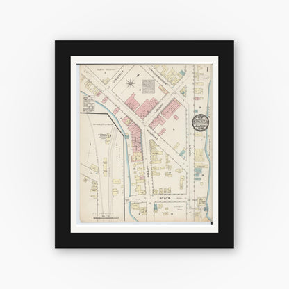 Old map wall art mockup — black gallery frame with white mat — Sanborn Fire Insurance Map from Allegan, Allegan County, Michigan (1884), Sheet #0001