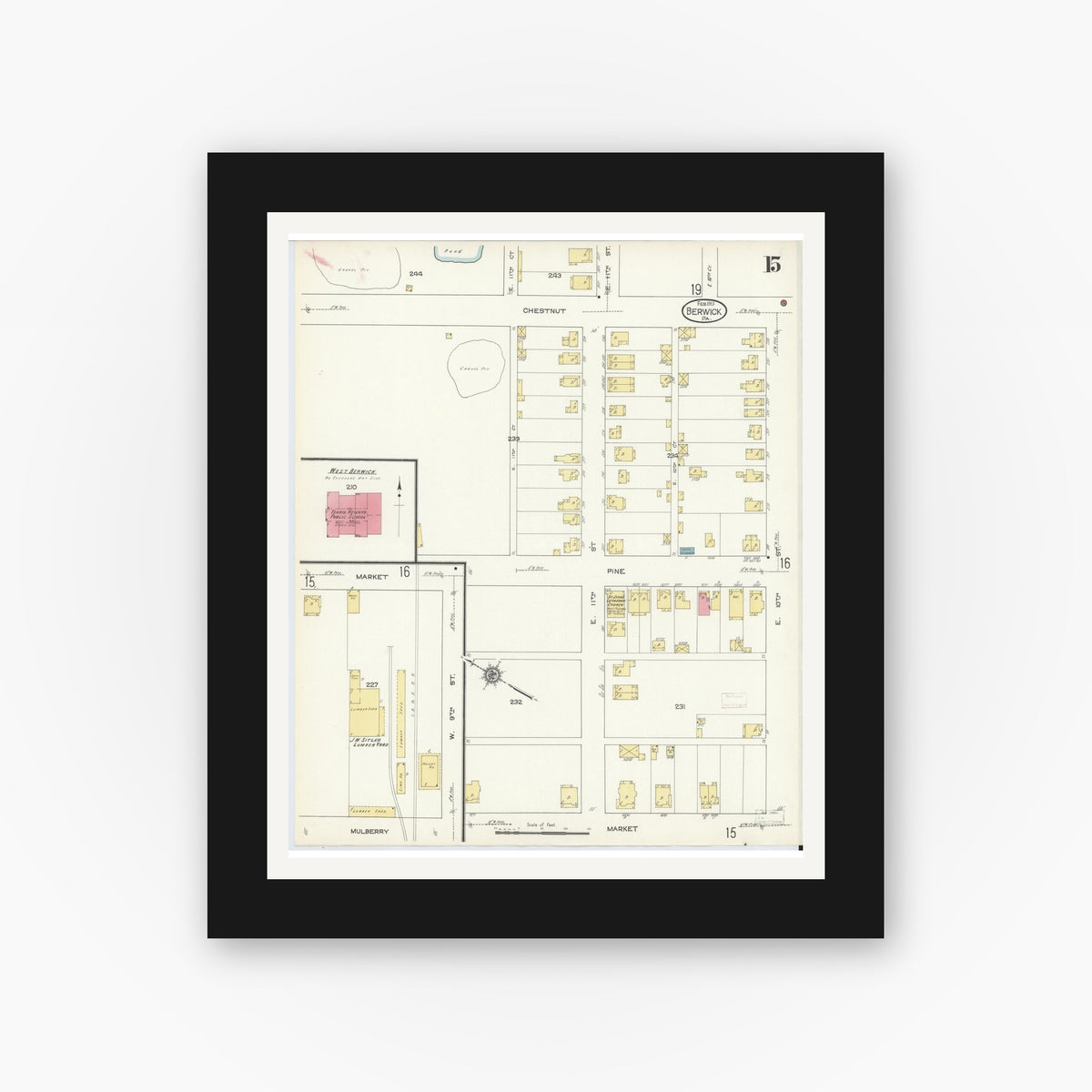 Old map wall art mockup — black gallery frame with white mat — Sanborn Fire Insurance Map from Berwick, Columbia County, Pennsylvania (1913), Sheet #0015