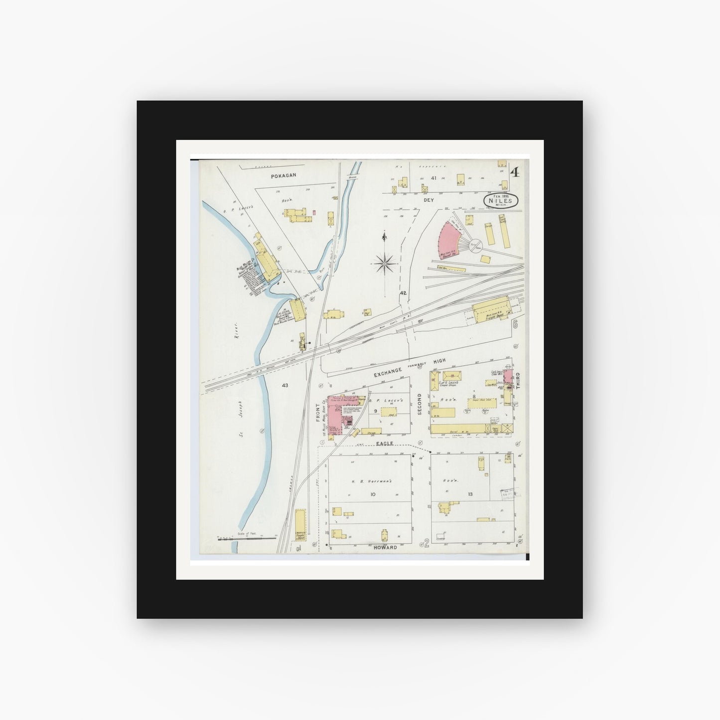 Old map wall art mockup — black gallery frame with white mat — Sanborn Fire Insurance Map from Niles, Berrien County, Michigan (1895), Sheet #0004