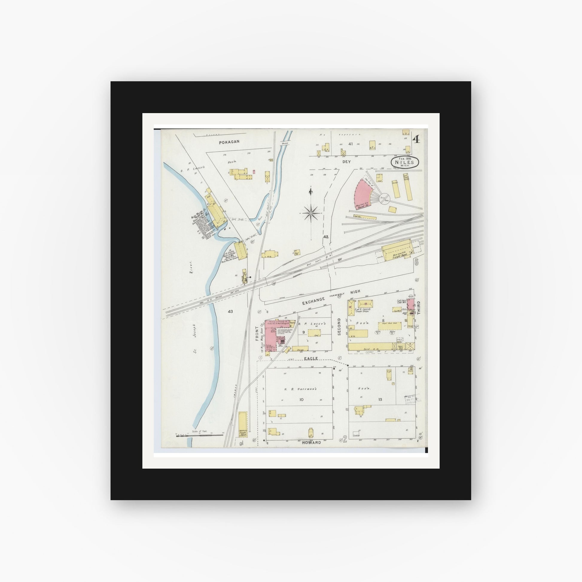 Old map wall art mockup — black gallery frame with white mat — Sanborn Fire Insurance Map from Niles, Berrien County, Michigan (1895), Sheet #0004