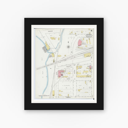 Old map wall art mockup — black gallery frame with white mat — Sanborn Fire Insurance Map from Niles, Berrien County, Michigan (1895), Sheet #0004