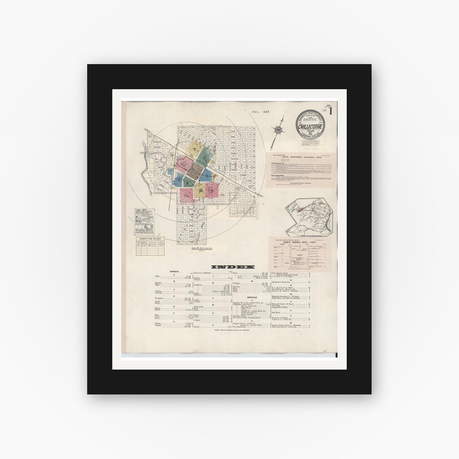 Old map wall art mockup — black gallery frame with white mat — Sanborn Fire Insurance Map from Chillicothe, Hardeman County, Texas (1941), Sheet #0001