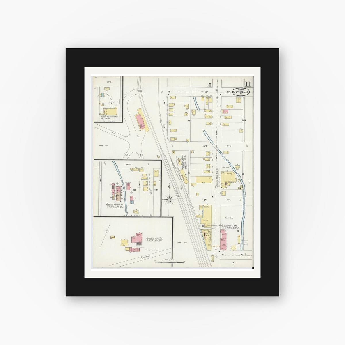 Old map wall art mockup — black gallery frame with white mat — Sanborn Fire Insurance Map from Beaver Falls, Beaver County, Pennsylvania (1896), Sheet #0011