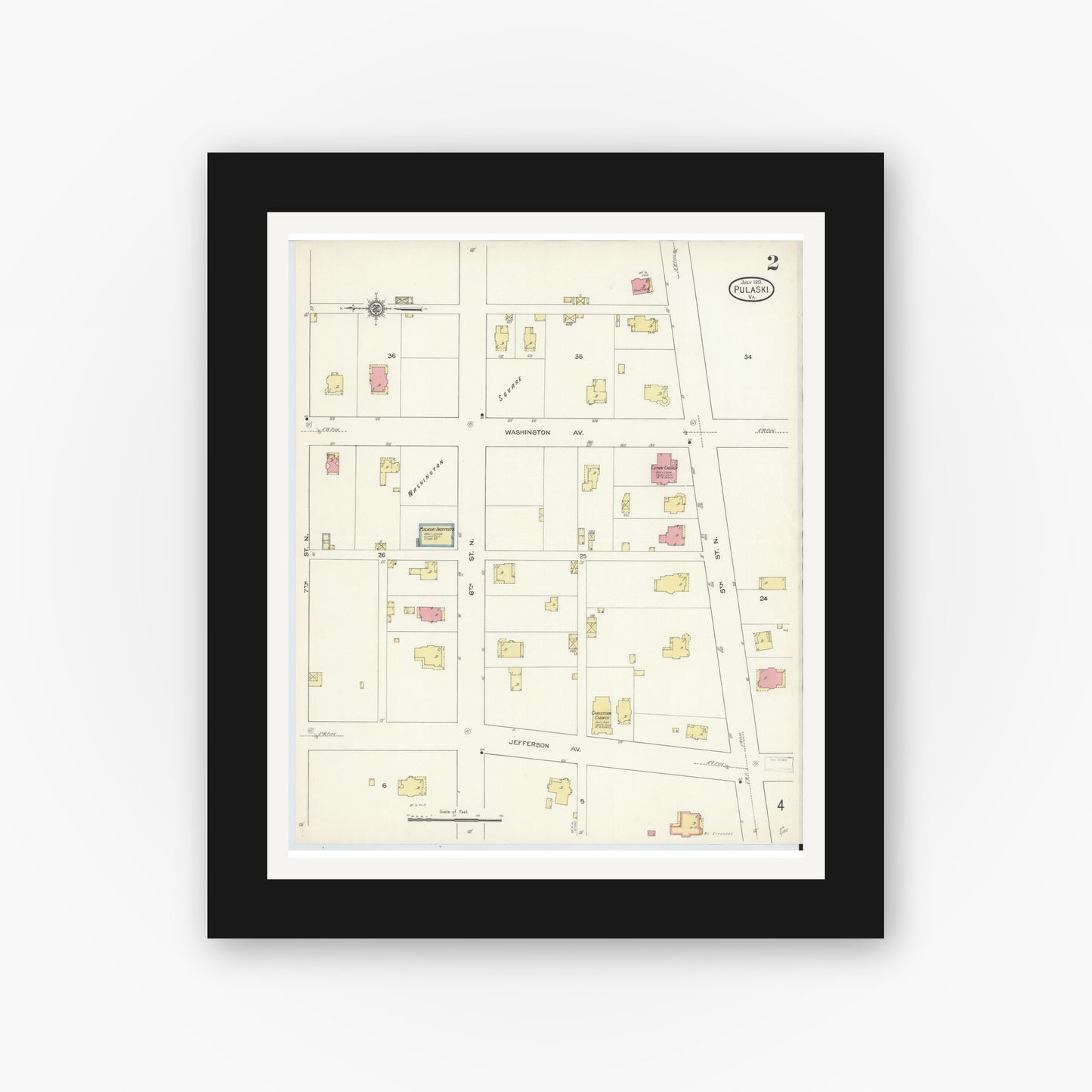 Old map wall art mockup — black gallery frame with white mat — Sanborn Fire Insurance Map from Pulaski, Pulaski County, Virginia (1913), Sheet #0002
