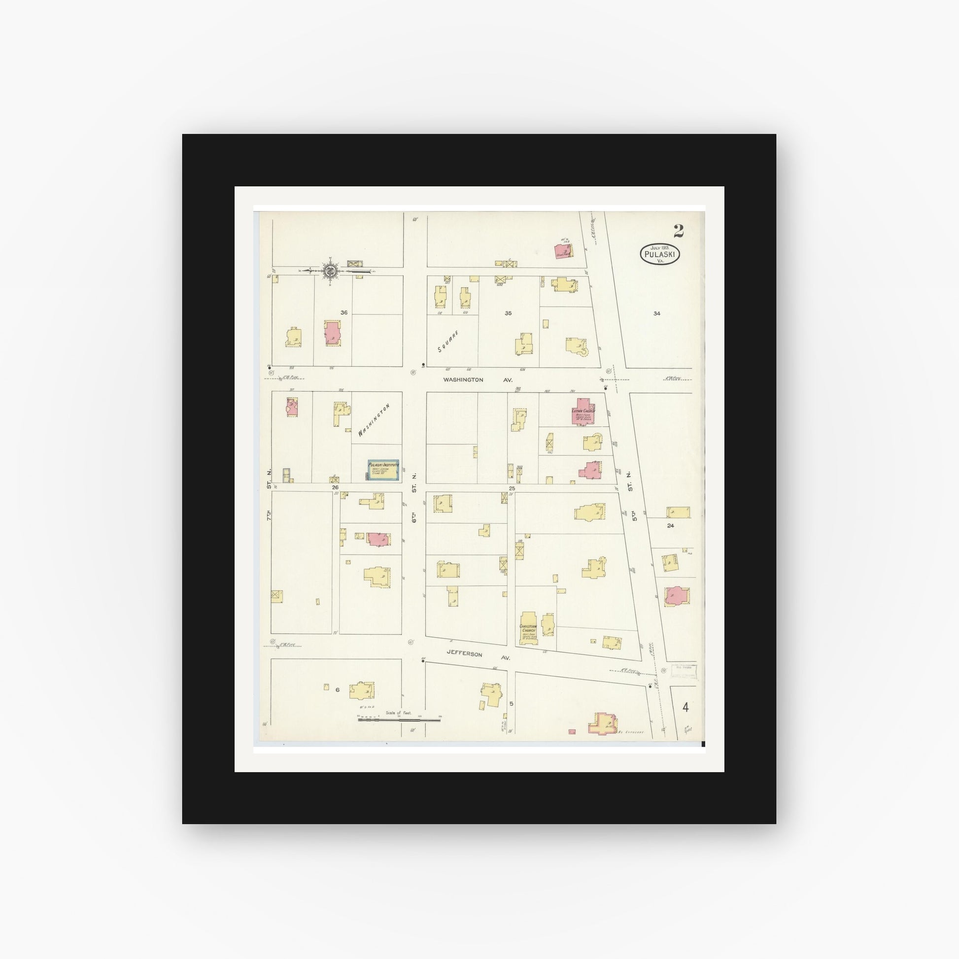 Old map wall art mockup — black gallery frame with white mat — Sanborn Fire Insurance Map from Pulaski, Pulaski County, Virginia (1913), Sheet #0002