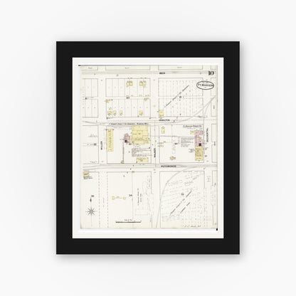 Old map wall art mockup — black gallery frame with white mat — Sanborn Fire Insurance Map from Fort Madison, Lee County, Iowa (1889), Sheet #0010