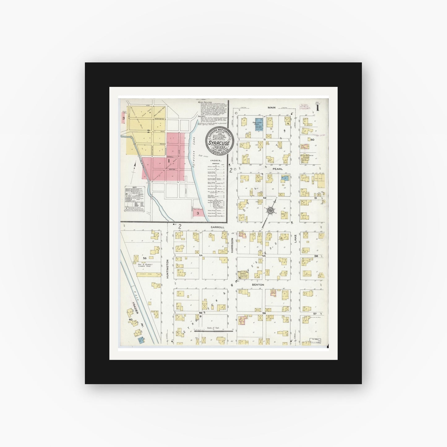 Old map wall art mockup — black gallery frame with white mat — Sanborn Fire Insurance Map from Syracuse, Kosciusko County, Indiana (1910) - Complete Map Set