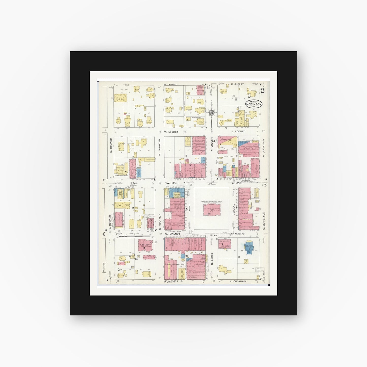 Old map wall art mockup — black gallery frame with white mat — Sanborn Fire Insurance Map from Robinson, Crawford County, Illinois (1916), Sheet #0002
