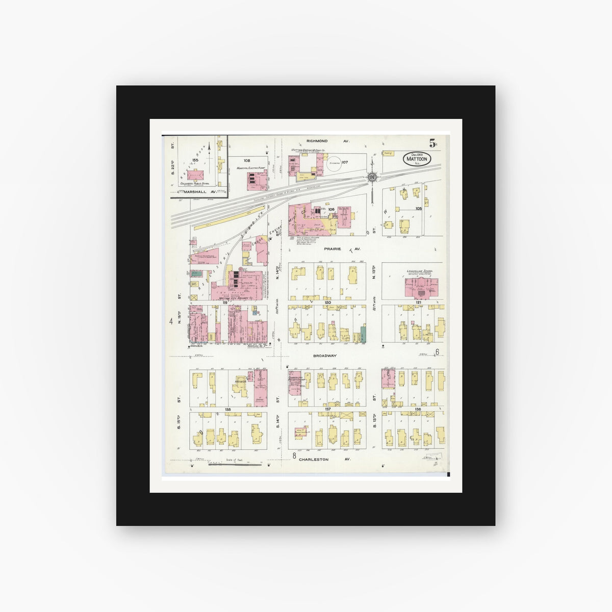 Old map wall art mockup — black gallery frame with white mat — Sanborn Fire Insurance Map from Mattoon, Coles County, Illinois (1909), Sheet #0005