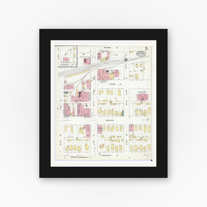 Old map wall art mockup — black gallery frame with white mat — Sanborn Fire Insurance Map from Mattoon, Coles County, Illinois (1909), Sheet #0005