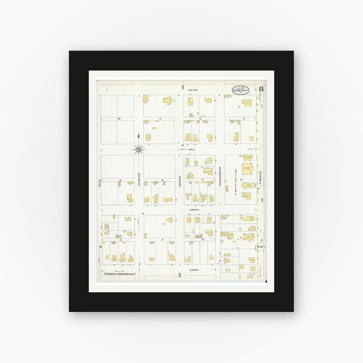 Old map wall art mockup — black gallery frame with white mat — Sanborn Fire Insurance Map from Gainesville, Cooke County, Texas (1908), Sheet #0008